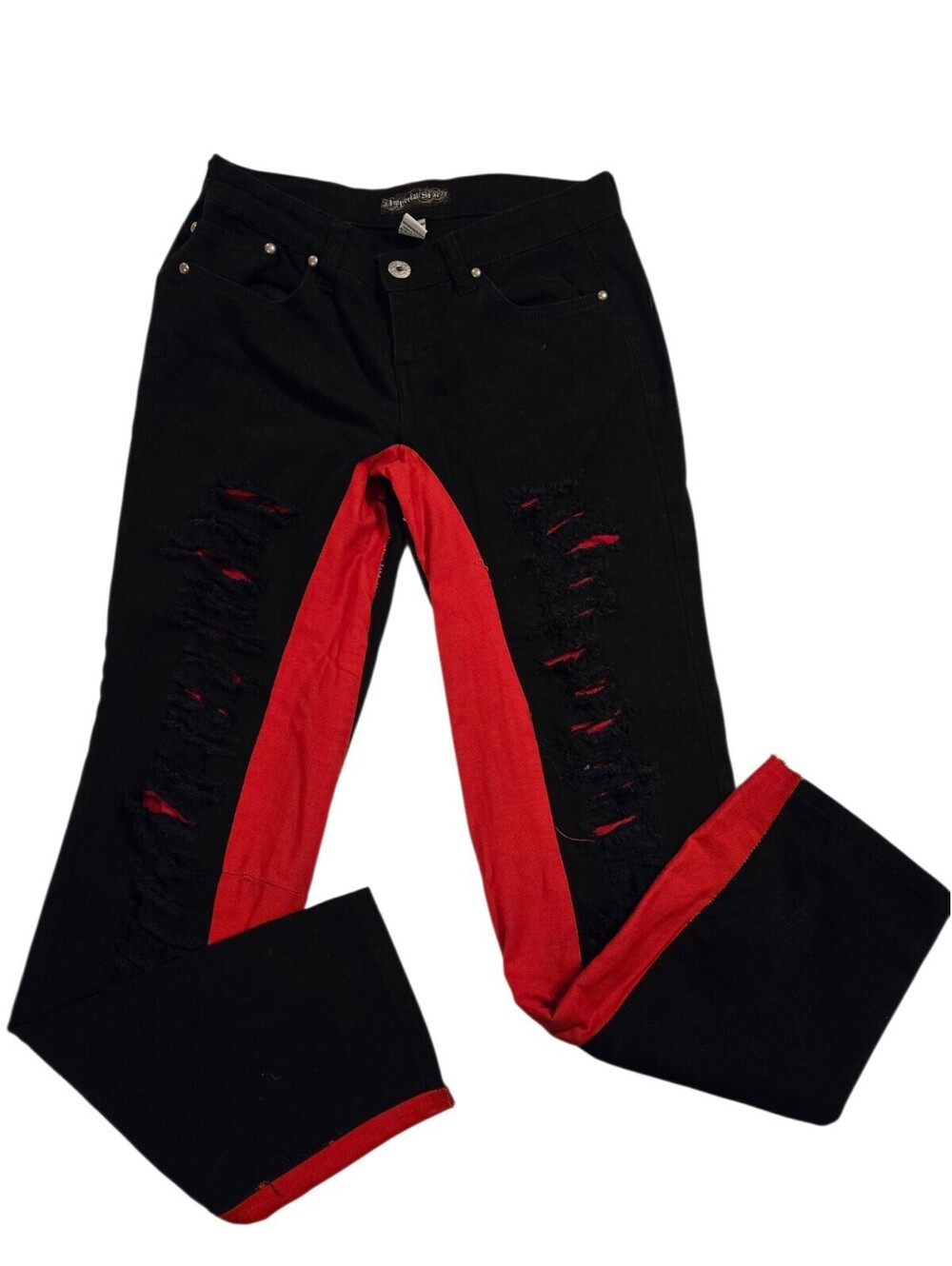 Custom Reworked Distressed Flare Jeans Black Red Imperial Star Y2K Grunge Size 9